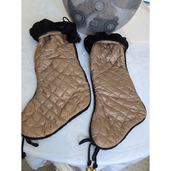 Vtg Christmas Stockings Villa Bacci Set Two Black Gold Stockings Rhinestone LG - Picture 8 of 10